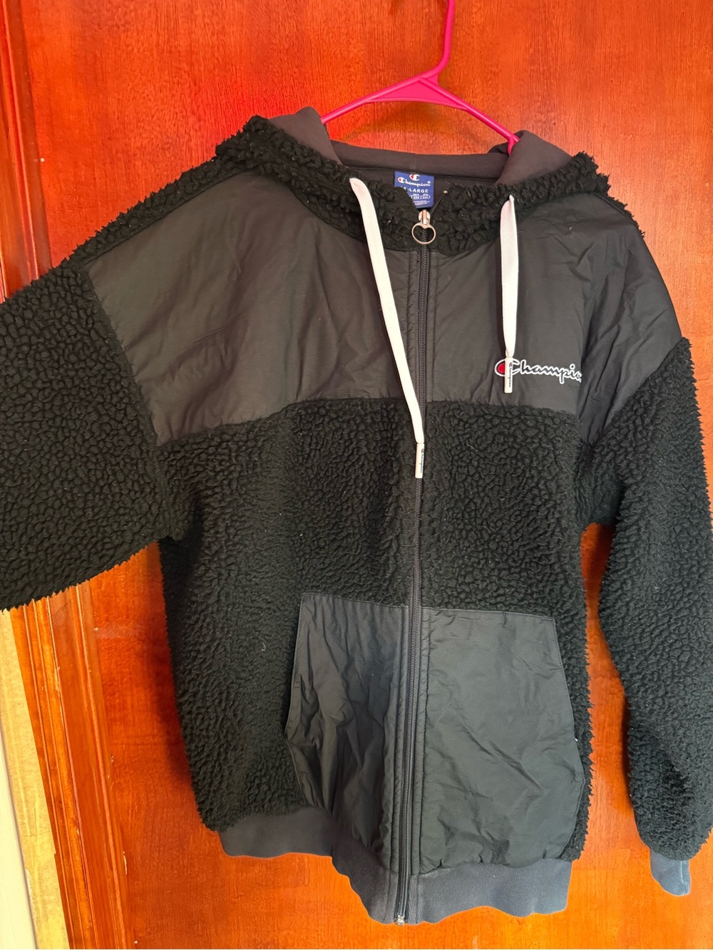Champion Woman’s Black Sherpa Puffer Hoodie with Nylon Panels